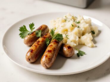 Saftige Bratwurst, perfekt zubereitet in der Heißluftfritteuse für eine knusprige Textur.