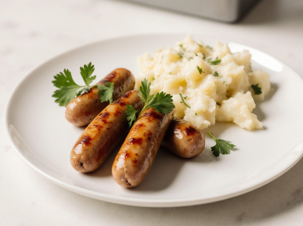 Saftige Bratwurst, perfekt zubereitet in der Heißluftfritteuse für eine knusprige Textur.