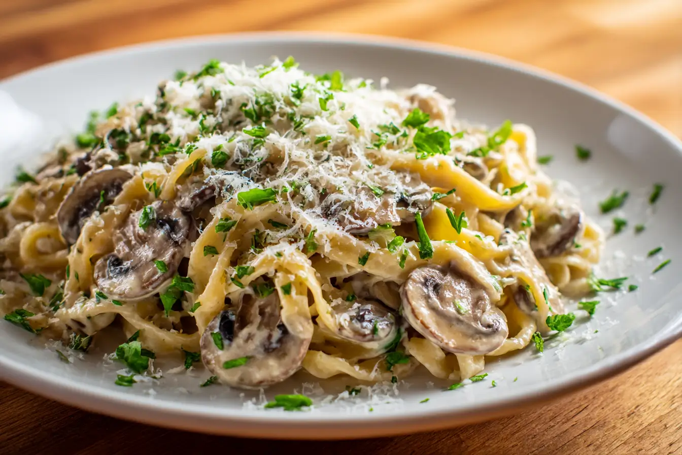 Leckere Champignon-Pasta aus der Heißluftfritteuse, perfekt für ein schnelles Abendessen.