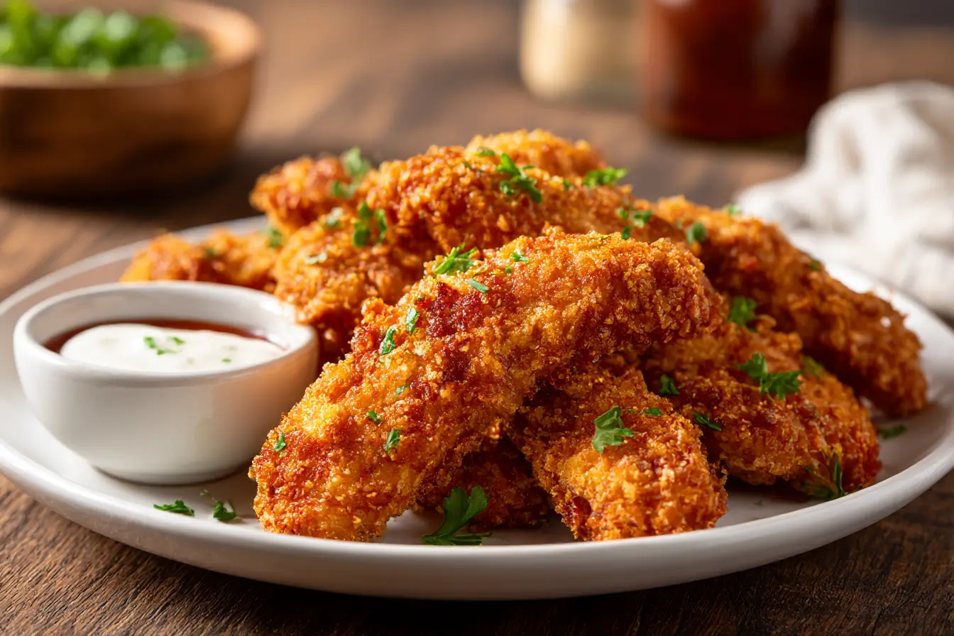 Saftige Chicken Tenders aus der Heißluftfritteuse, perfekt knusprig und lecker.