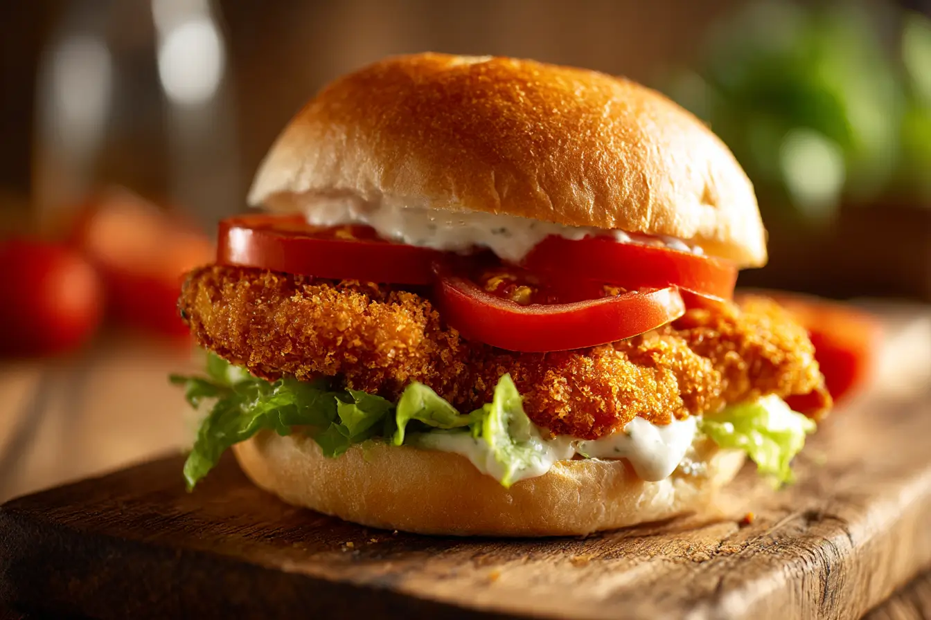 Leckeres crispy chicken burguer aus der Heißluftfritteuse mit knuspriger Panade.