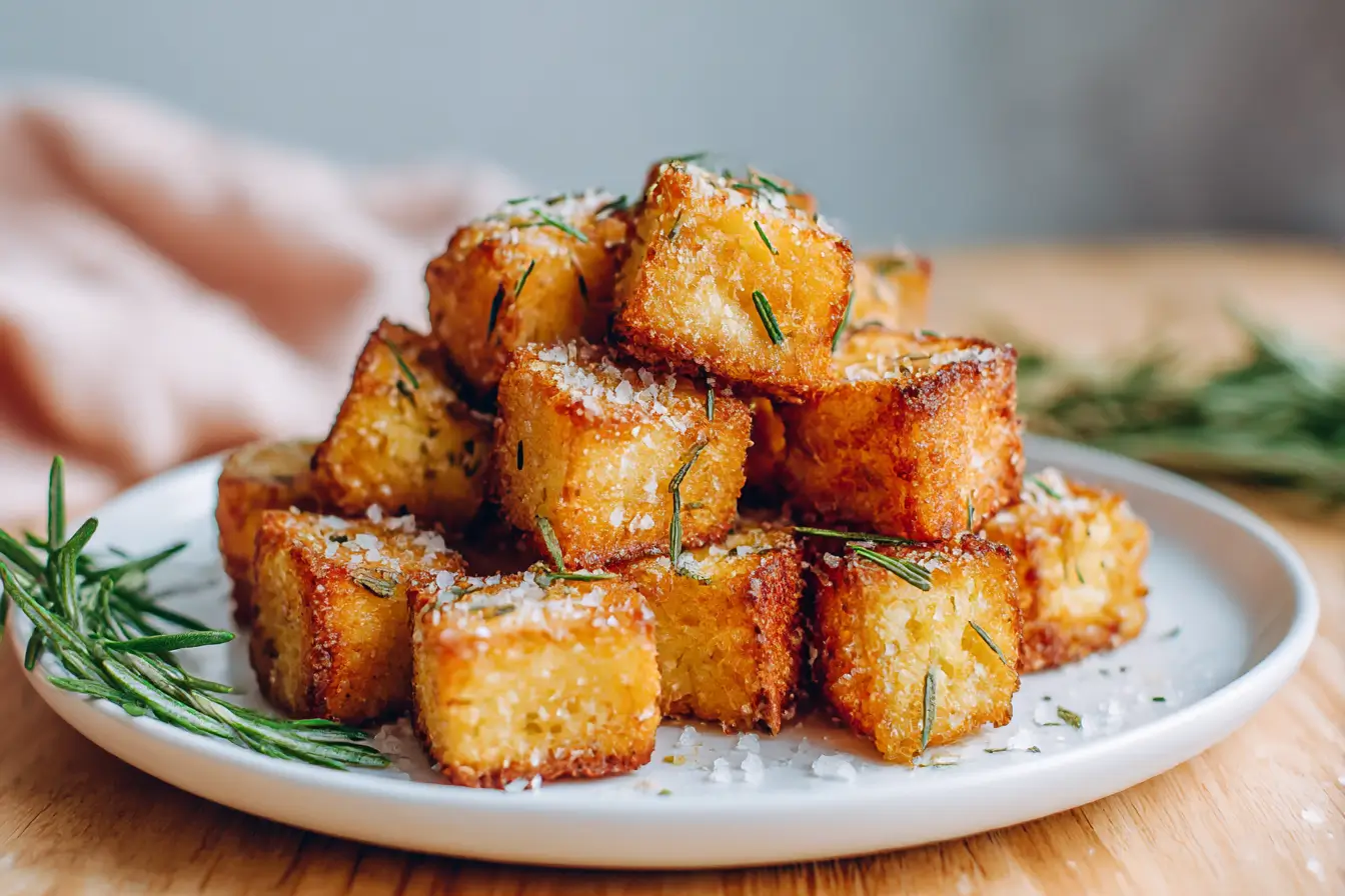 Krosse Croutons aus der Heißluftfritteuse, perfekt als Topping für Suppen und Salate.