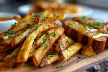 Saftige Currywurst mit knusprigen Pommes aus der Heißluftfritteuse, perfekt für einen leckeren Snack.