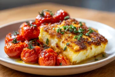 Leckere Feta aus der Heißluftfritteuse mit frischen Tomaten und herzhaften Gewürzen.