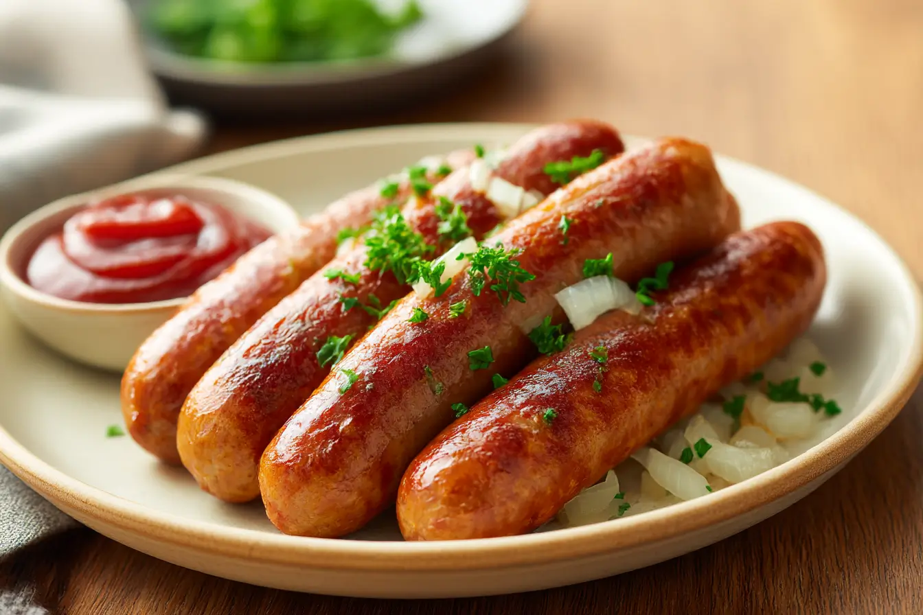 Saftige Frikandel, die im Airfryer perfekt zubereitet wurde, knusprig und lecker.