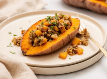 Leckere gefüllte Süßkartoffeln im Airfryer, perfekt zubereitet für ein gesundes Abendessen.