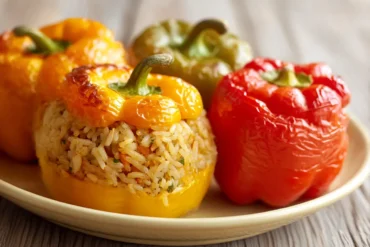 Leckere gefüllte Paprika aus der Heißluftfritteuse, perfekt für ein gesundes Abendessen.