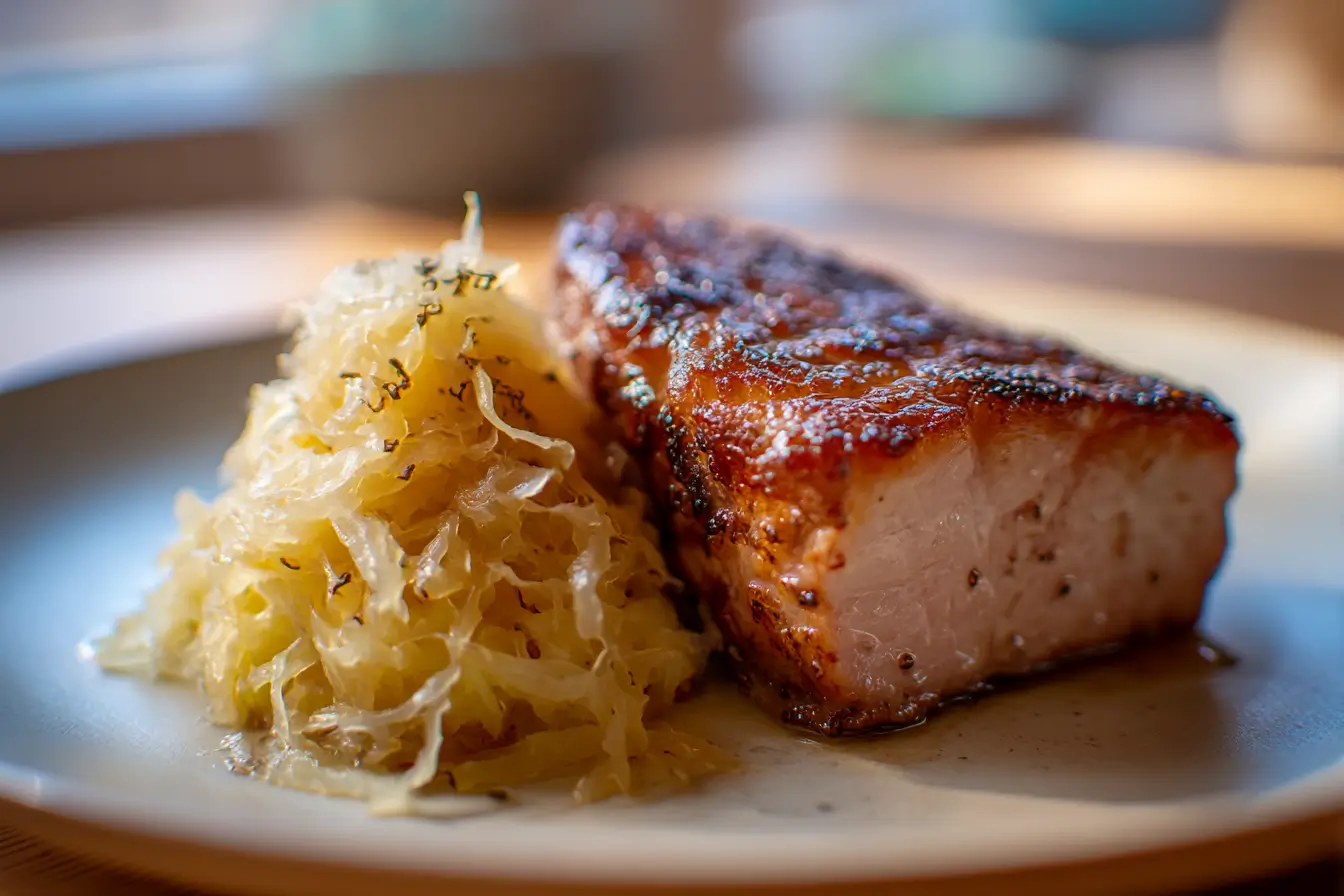 Leckeres Kassler mit Sauerkraut, perfekt zubereitet in der Heißluftfritteuse.