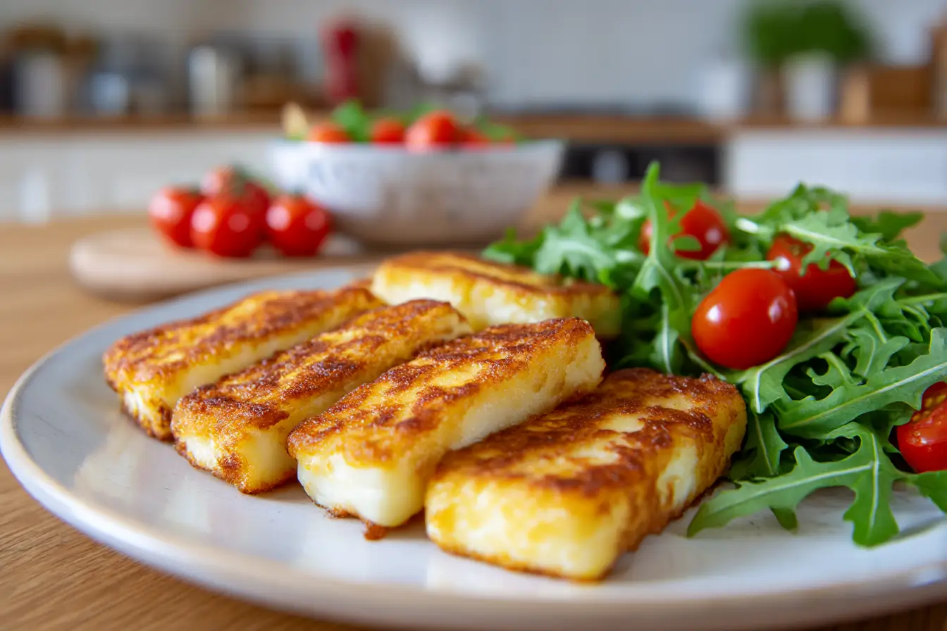 Knuspriger Halloumi aus der Heißluftfritteuse, perfekt für einen gesunden Snack.