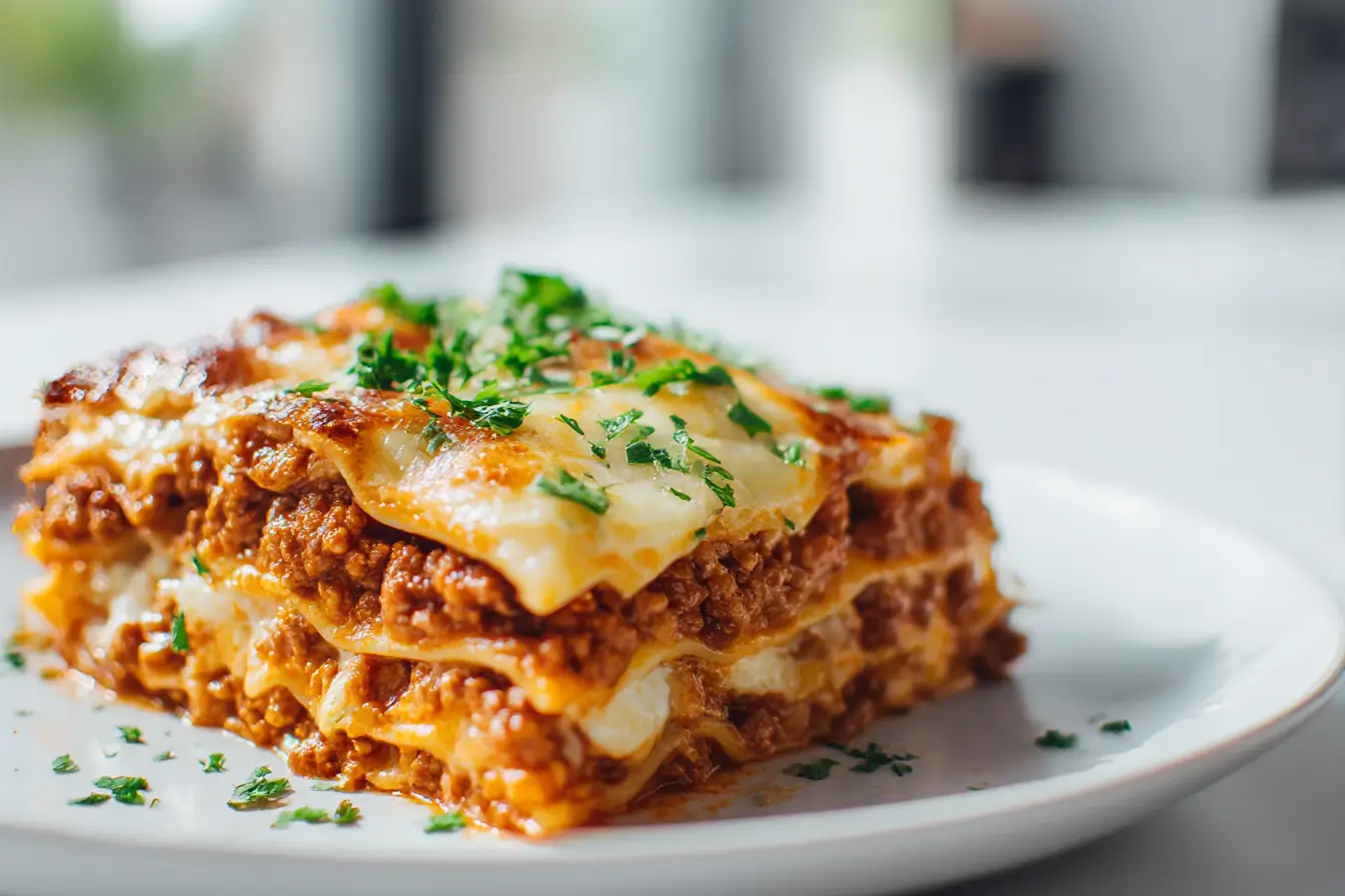 Leckere Lasagne aus der Heißluftfritteuse mit perfekt geschmolzenem Käse und frischen Zutaten.