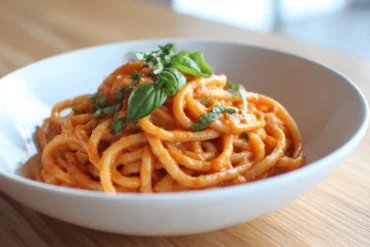 Leckere Pasta mit cremiger Tomatensauce, zubereitet in der Heißluftfritteuse.
