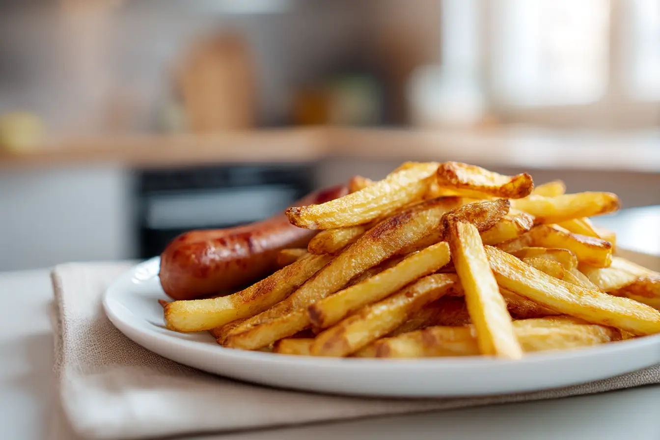 Leckere Pommes und Bratwurst, knusprig zubereitet im Airfryer für einen perfekten Snack.