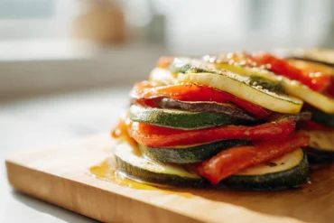 Leckeres Ratatouille aus der Heißluftfritteuse mit frischem Gemüse und aromatischen Kräutern.