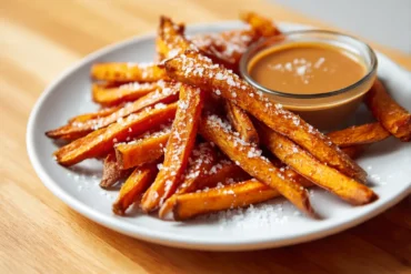 Knusprige Süsskartoffel Pommes zubereitet in der Heißluftfritteuse für gesundes Essen.