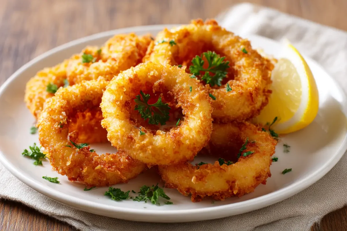 Köstliche Tintenfischringe aus der Heißluftfritteuse, perfekt knusprig und geschmackvoll.