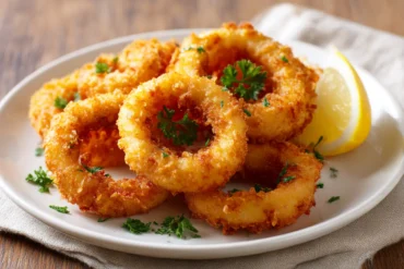 Köstliche Tintenfischringe aus der Heißluftfritteuse, perfekt knusprig und geschmackvoll.