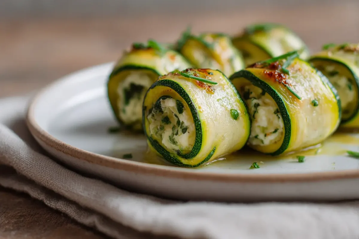 Leckere Zucchiniröllchen, zubereitet in der Heißluftfritteuse mit frischen Kräutern und Käse.