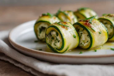 Leckere Zucchiniröllchen, zubereitet in der Heißluftfritteuse mit frischen Kräutern und Käse.