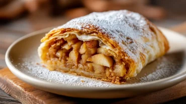 Leckerer Apfelstrudel, perfekt zubereitet im Airfryer mit goldbrauner Kruste.