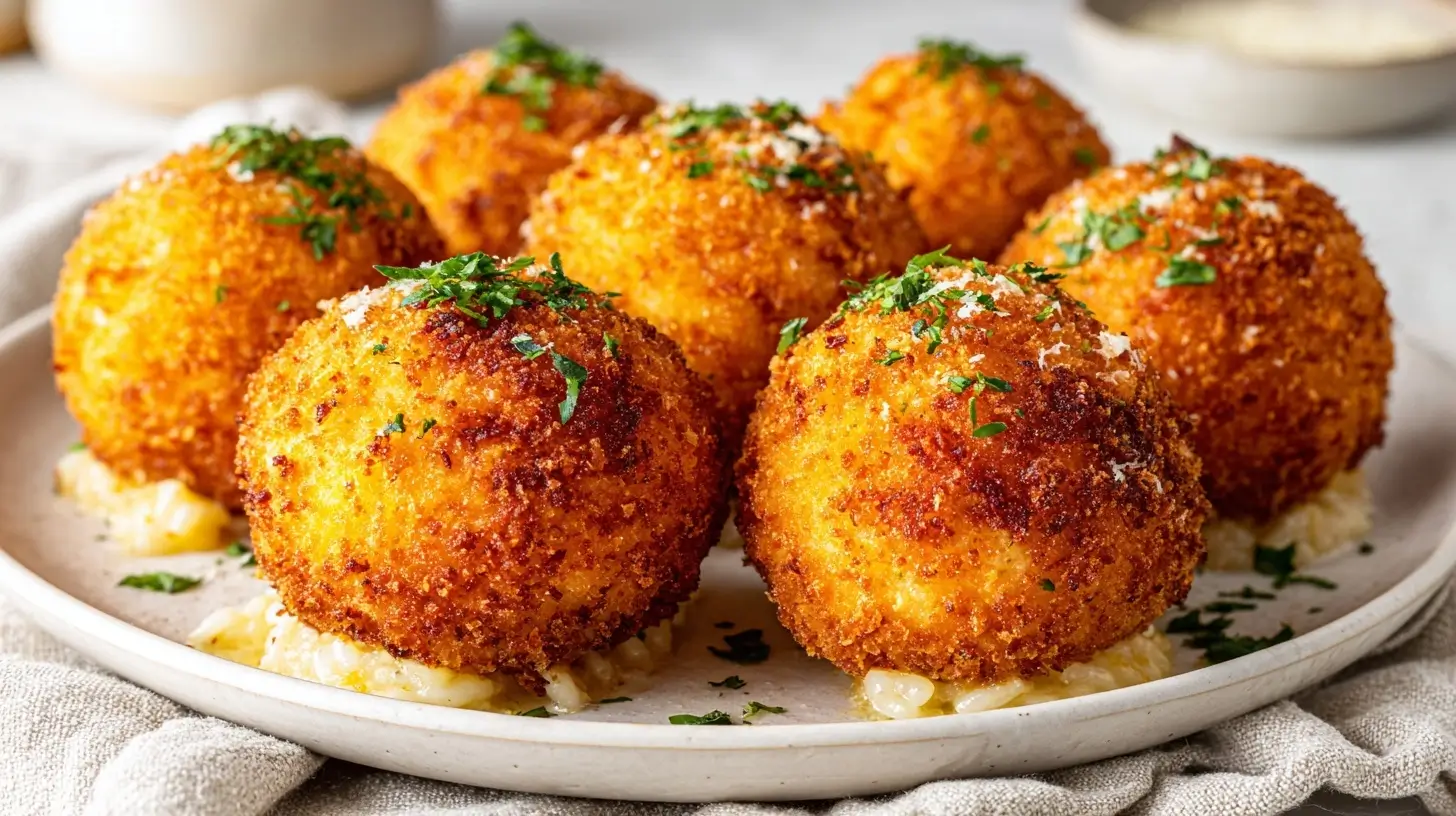 Goldene Arancini aus der Heißluftfritteuse mit knuspriger Kruste und leckerer Füllung.
