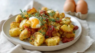 Leckeres Bauernfrühstück aus der Heißluftfritteuse, voller frischer Zutaten und Aromen.