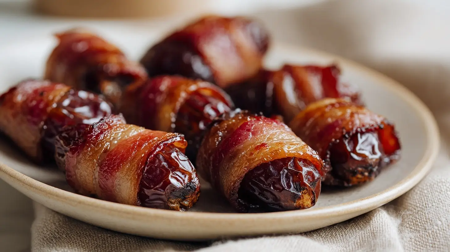 Leckere Datteln im Speckmantel, knusprig zubereitet in der Heißluftfritteuse.