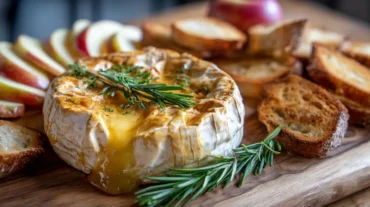 Gebackener Camembert aus der Heißluftfritteuse, perfekt goldbraun und knusprig.