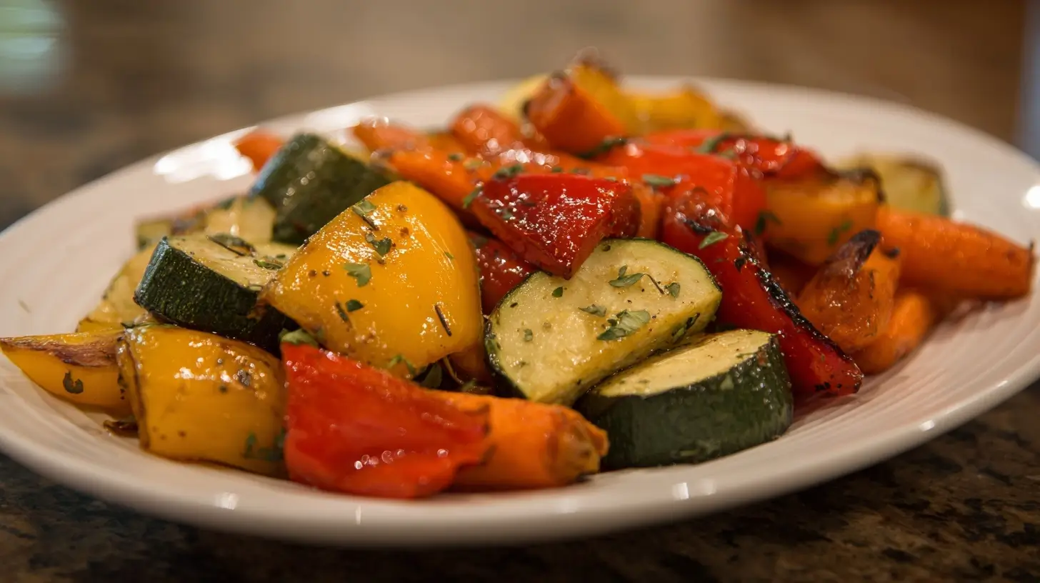 Buntes Gemüse im Airfryer, perfekt geröstet für eine gesunde Mahlzeit.