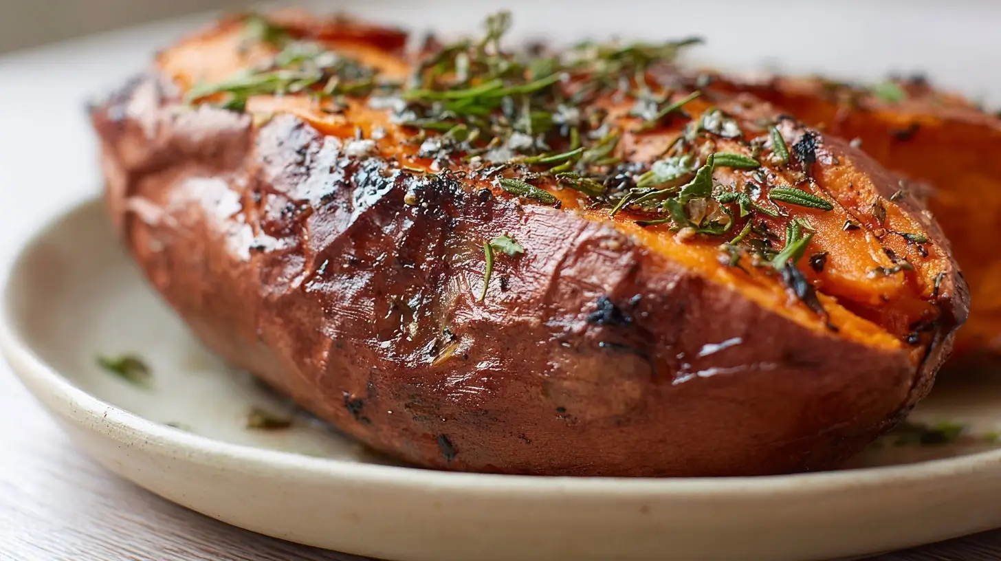 Gepofte Süßkartoffel aus der Heißluftfritteuse, perfekt gegart und aromatisch.