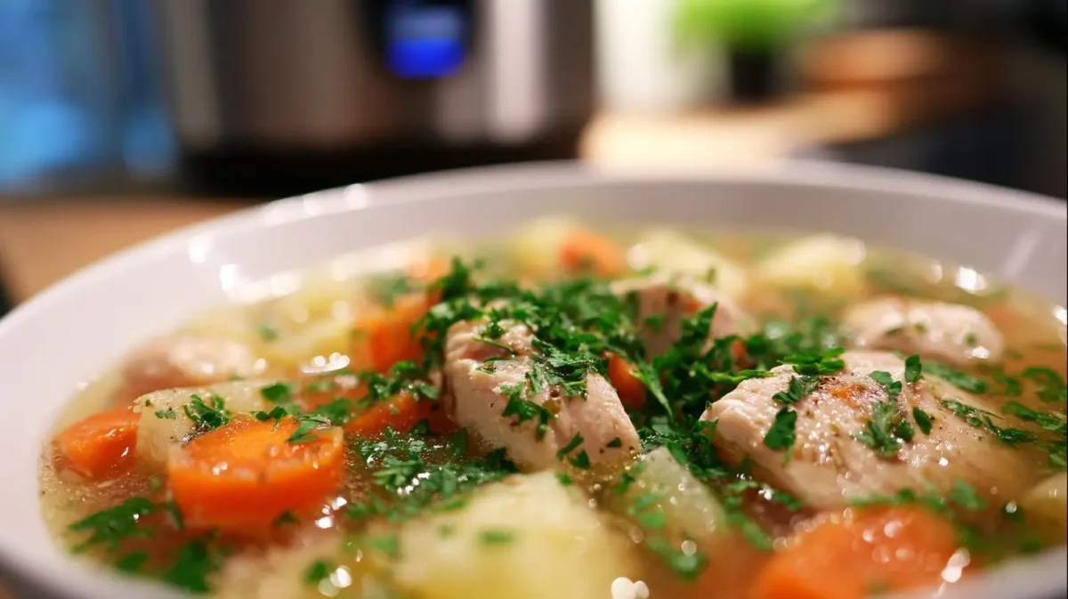 Herzhafte hausgemachte Hühnersuppe, zubereitet in der Heißluftfritteuse für ein gesundes und schmackhaftes Erlebnis.