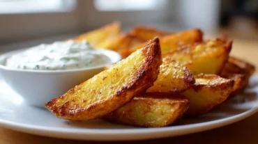 Leckere kartoffelecken aus dem Airfryer, goldbraun und knusprig.