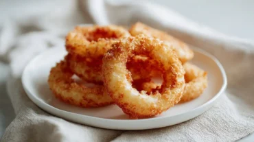 Knusprige Zwiebelringe aus der Heißluftfritteuse, perfekt für jeden Snack.