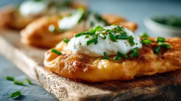 Leckere Langos aus der Heißluftfritteuse, goldbraun und knusprig, ideal für jeden Snack-Liebhaber.