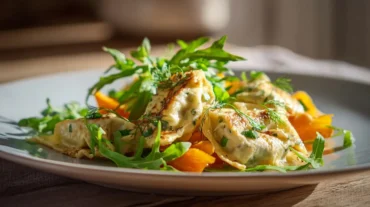 Frischer Maultaschensalat aus der Heißluftfritteuse mit knackigem Gemüse und aromatischen Gewürzen.