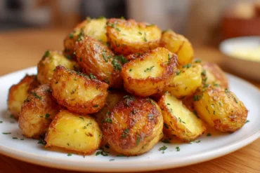 Goldene Parmesan Kartoffeln, knusprig und perfekt in der Heißluftfritteuse zubereitet.