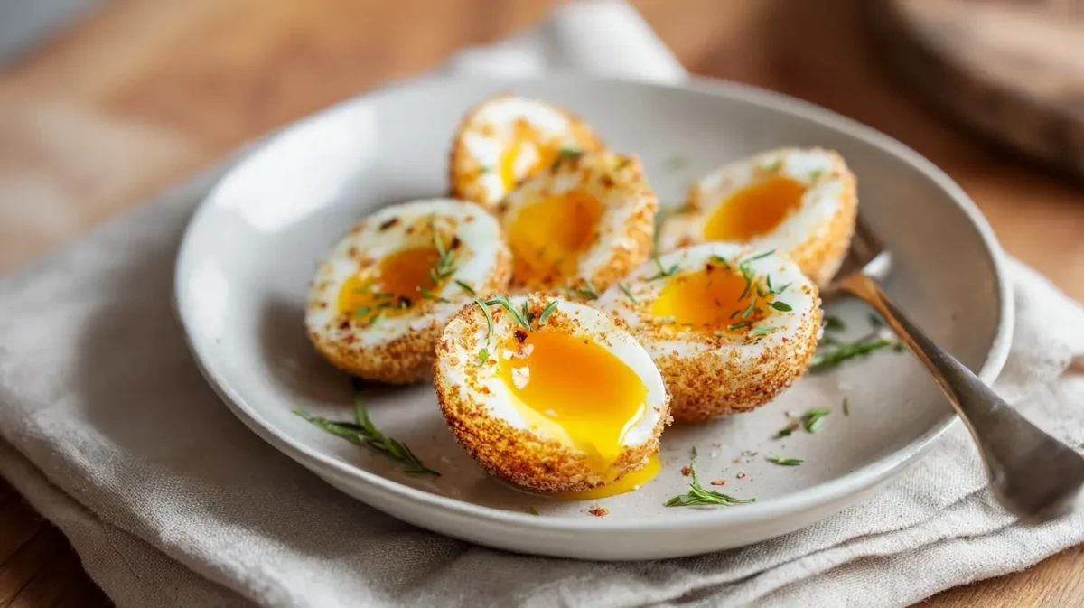 Leckere Schottische Eier, perfekt zubereitet in der Heißluftfritteuse für einen knusprigen Biss.
