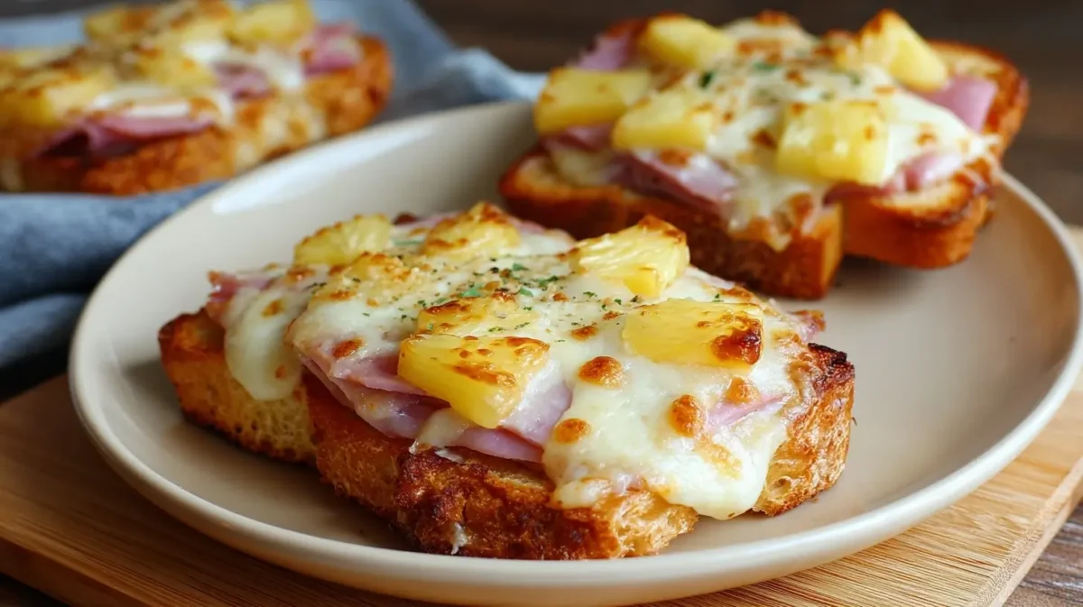 Leckeres Toast Hawaii aus der Heißluftfritteuse mit geschmolzenem Käse und saftigem Schinken.