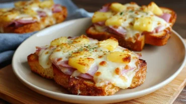 Leckeres Toast Hawaii aus der Heißluftfritteuse mit geschmolzenem Käse und saftigem Schinken.