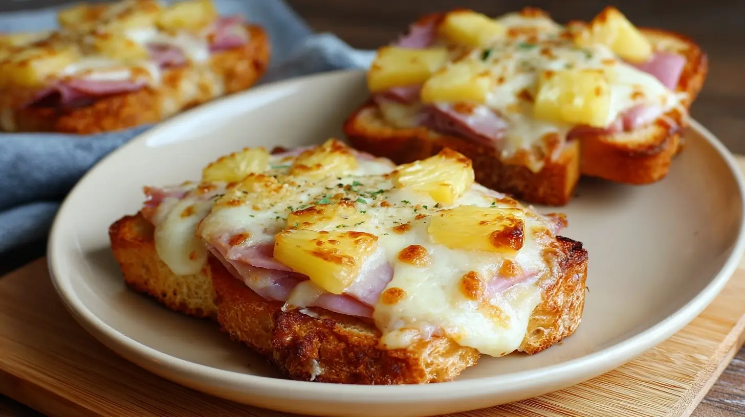 Leckeres Toast Hawaii aus der Heißluftfritteuse mit geschmolzenem Käse und saftigem Schinken.
