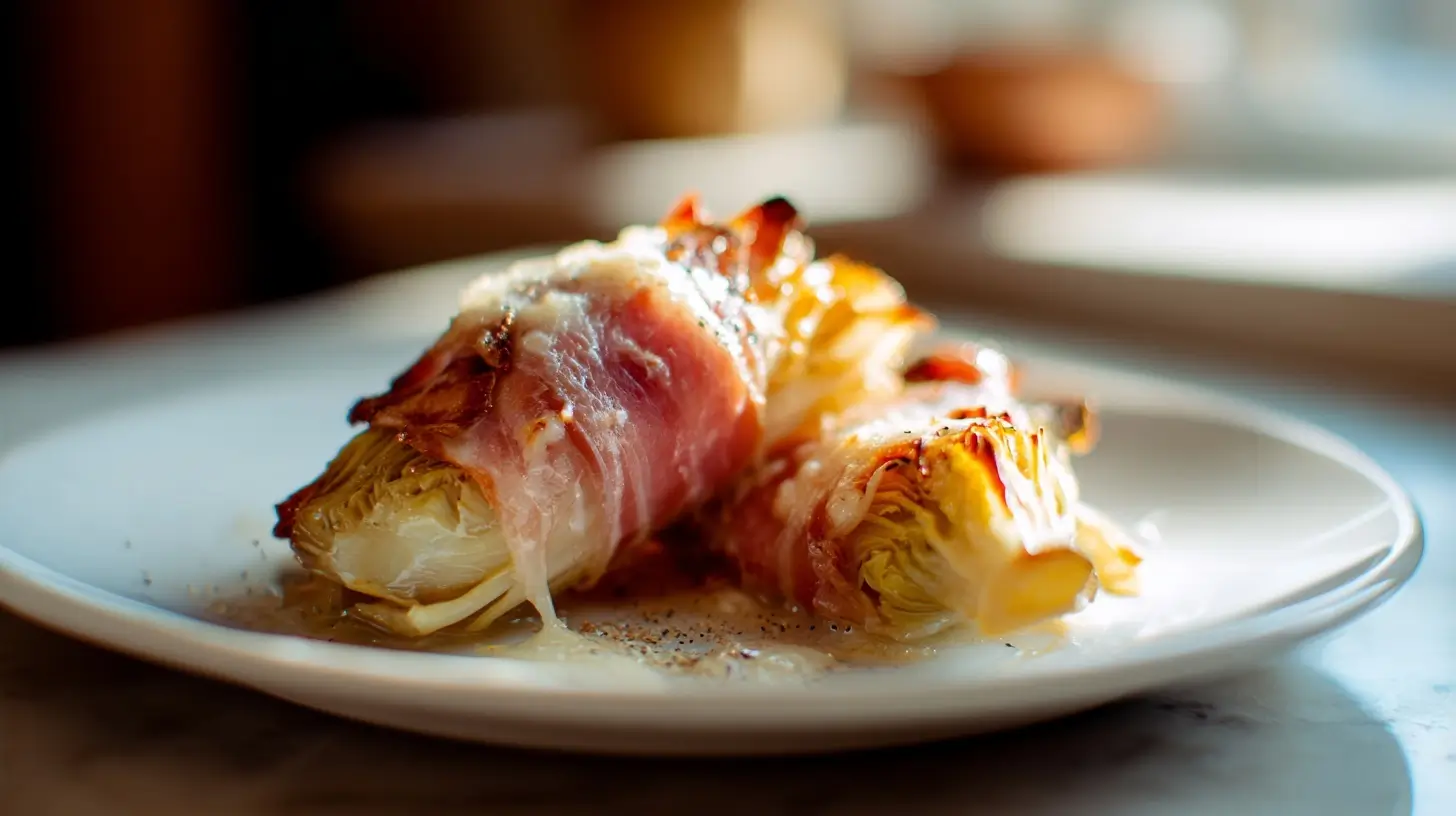 Leckerer Witlof mit Schinken und Käse, knusprig zubereitet in der Heißluftfritteuse.