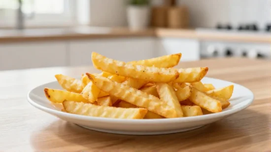 Eine Schüssel voller perfekt goldbrauner und knuspriger hausgemachter **chips im airfryer**, bereit zum Servieren.