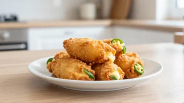 Knusprige Jalapeño Poppers im Airfryer, goldbraun gebacken, mit cremiger Füllung und einem Hauch frischer Kräuter garniert.