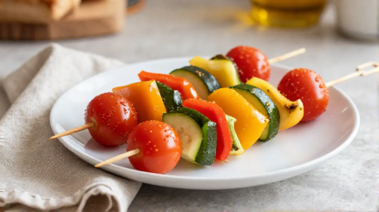 Leckere Mediterrane Gemüse-Spieße aus dem Airfryer, ideal für gesunde Grillabende.