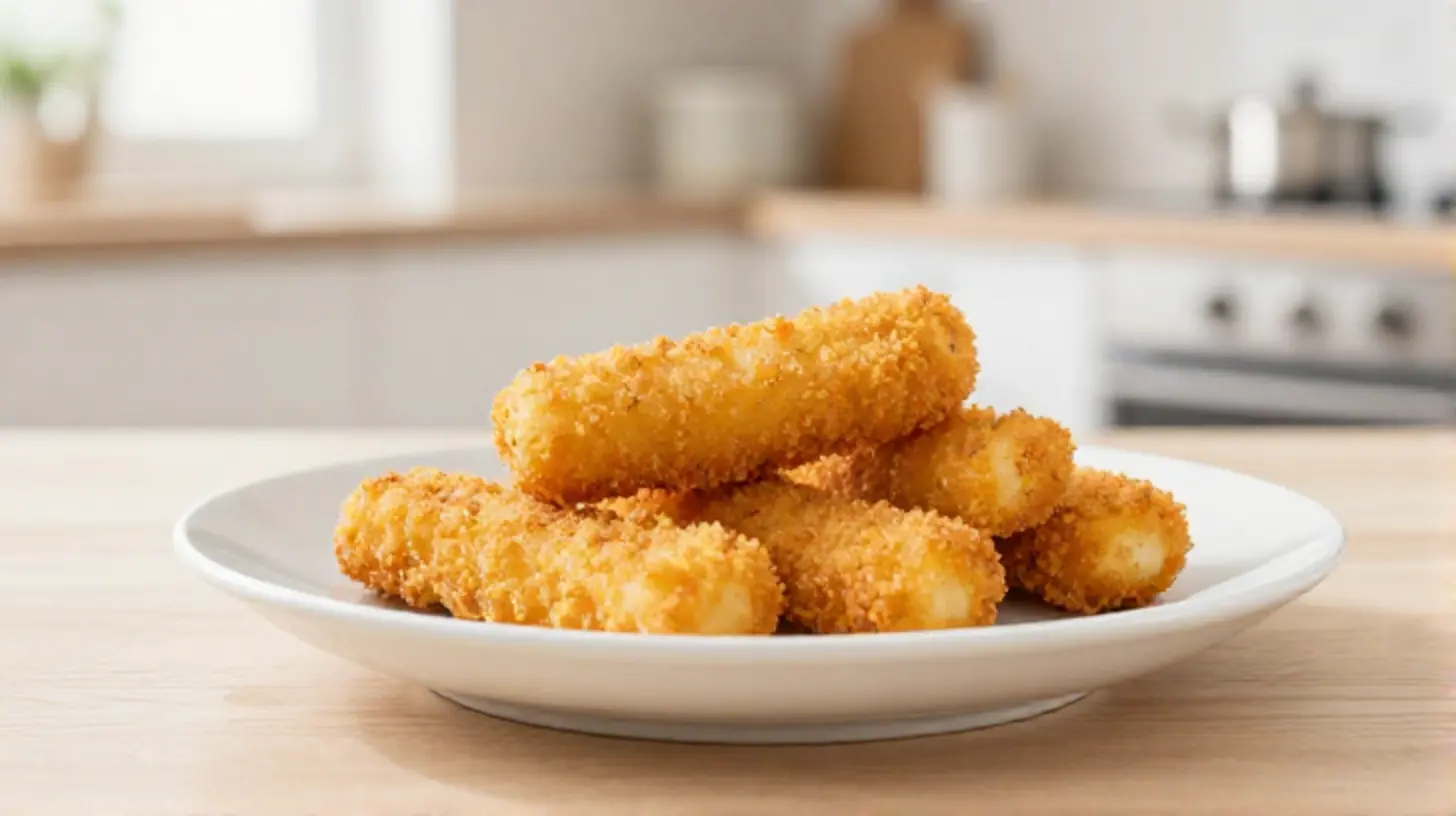 Goldbraune und knusprige Mozzarella Sticks, perfekt zubereitet im Airfryer, mit Dip daneben.