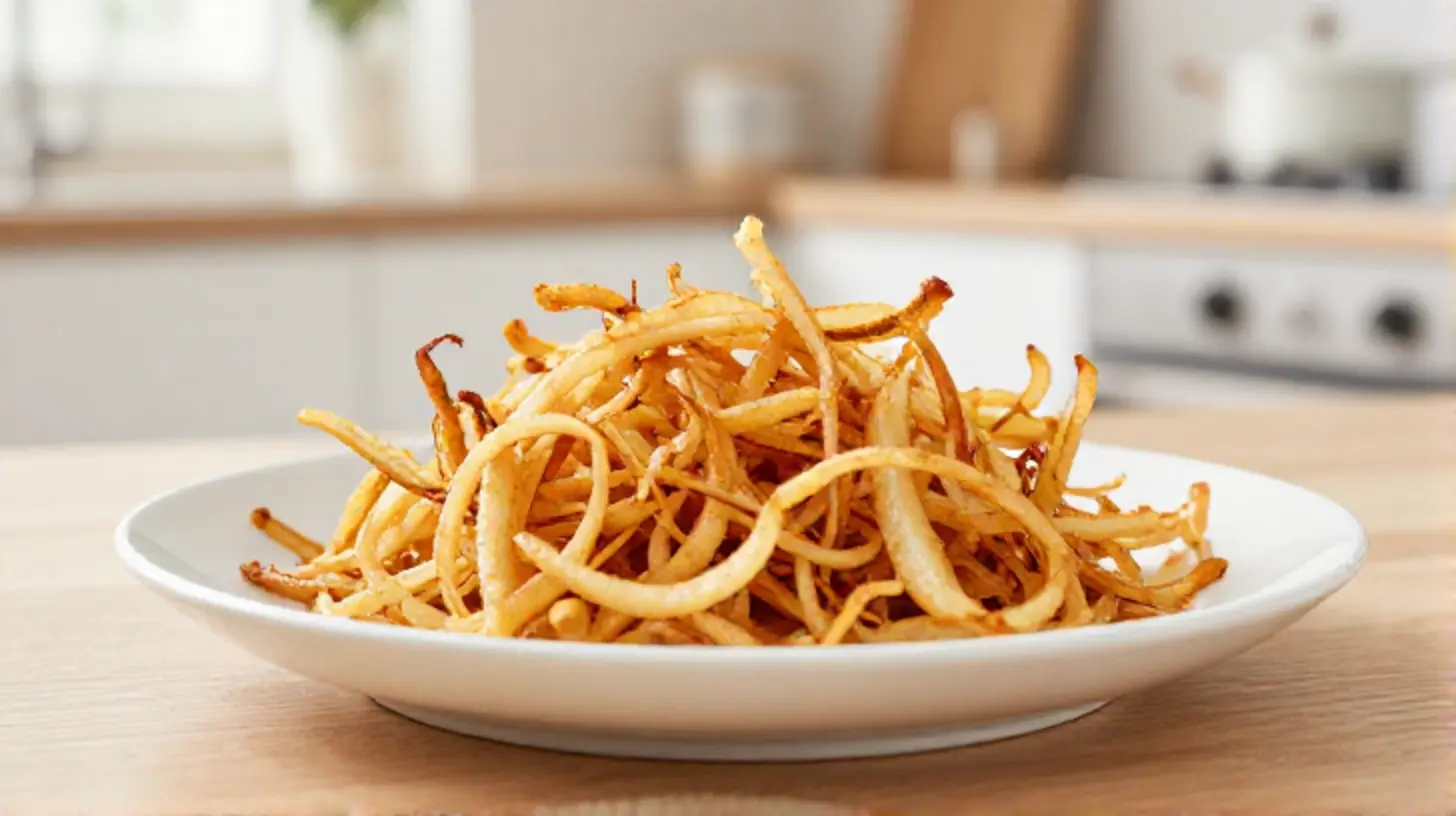 Knusprige Röstzwiebeln aus dem Airfryer, perfekt goldbraun und aromatisch, bereit als Topping für deine Lieblingsgerichte.