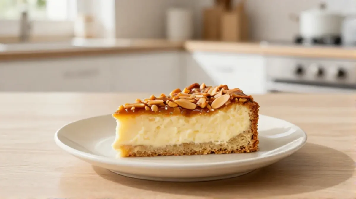 Perfekter goldbrauner Bienenstich aus der Heißluftfritteuse mit cremiger Füllung und knusprigen Mandeln.