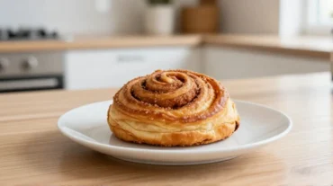 Goldbraune, perfekt geformte Franzbrötchen aus der Heißluftfritteuse, appetitlich angerichtet auf einem Teller.