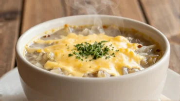 Leckere Französische Zwiebelsuppe, perfekt zubereitet im Airfryer für ein herzhaftes Erlebnis.