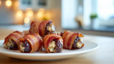 Leckere Frischkäse-gefillte Datteln im Speckmantel, zubereitet in der Heißluftfritteuse.
