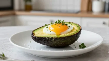 Gebackene Avocado mit Ei, zubereitet im Airfryer, perfekt für ein gesundes Frühstück.